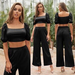 Puff Sleeve Crop Top and Wide Leg Pants Co-ord Set